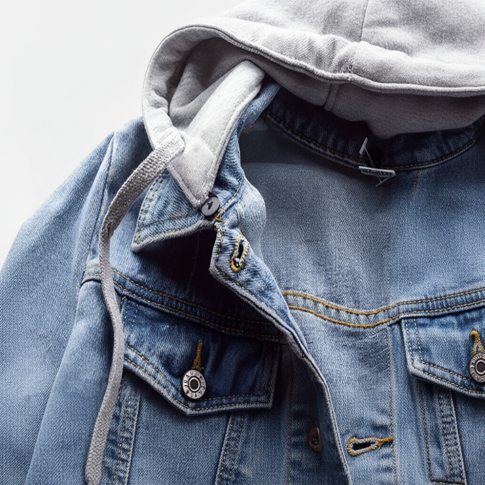 Blaue Denim Jacke mit Kapuze