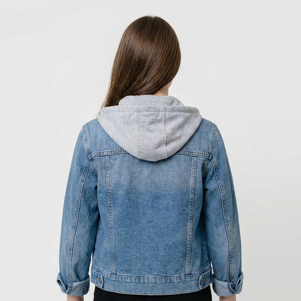Blaue Denim Jacke mit Kapuze