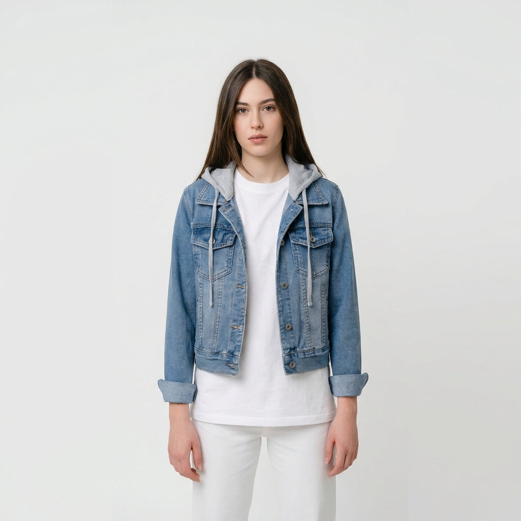 Blaue Denim Jacke mit Kapuze