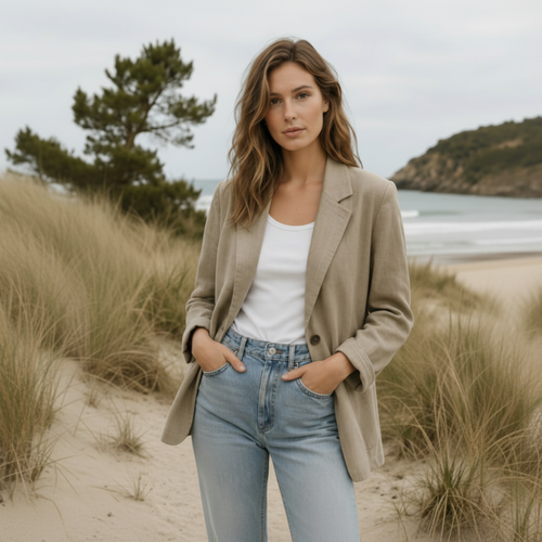 Beigefarbener Blazer aus Leinenmischung