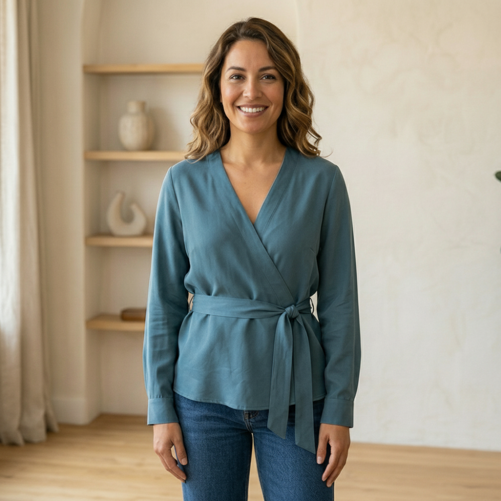 Blaue Wickelbluse aus Viskose