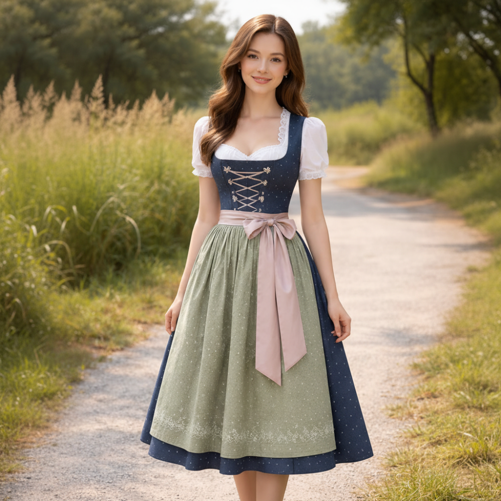 Marineblaues und olivgrünes Dirndlkleid aus Baumwolle