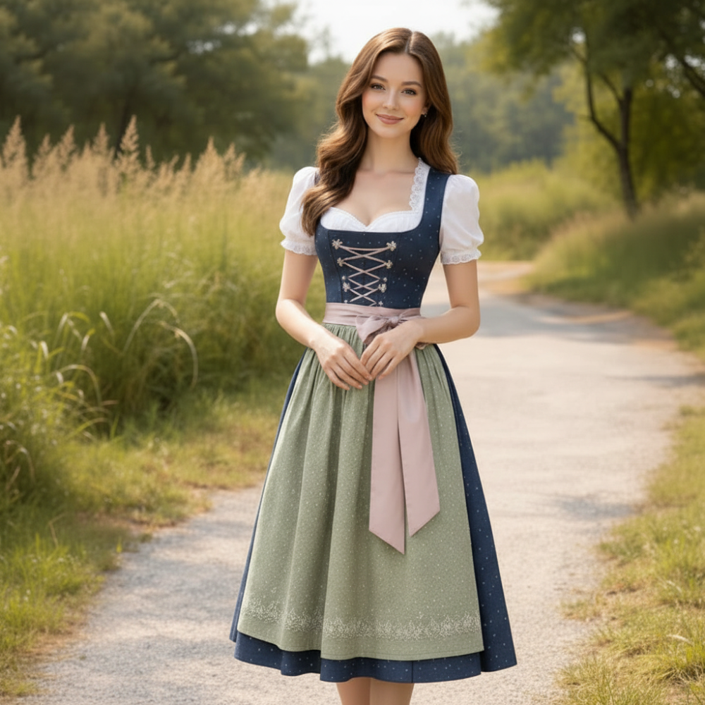 Marineblaues und olivgrünes Dirndlkleid aus Baumwolle