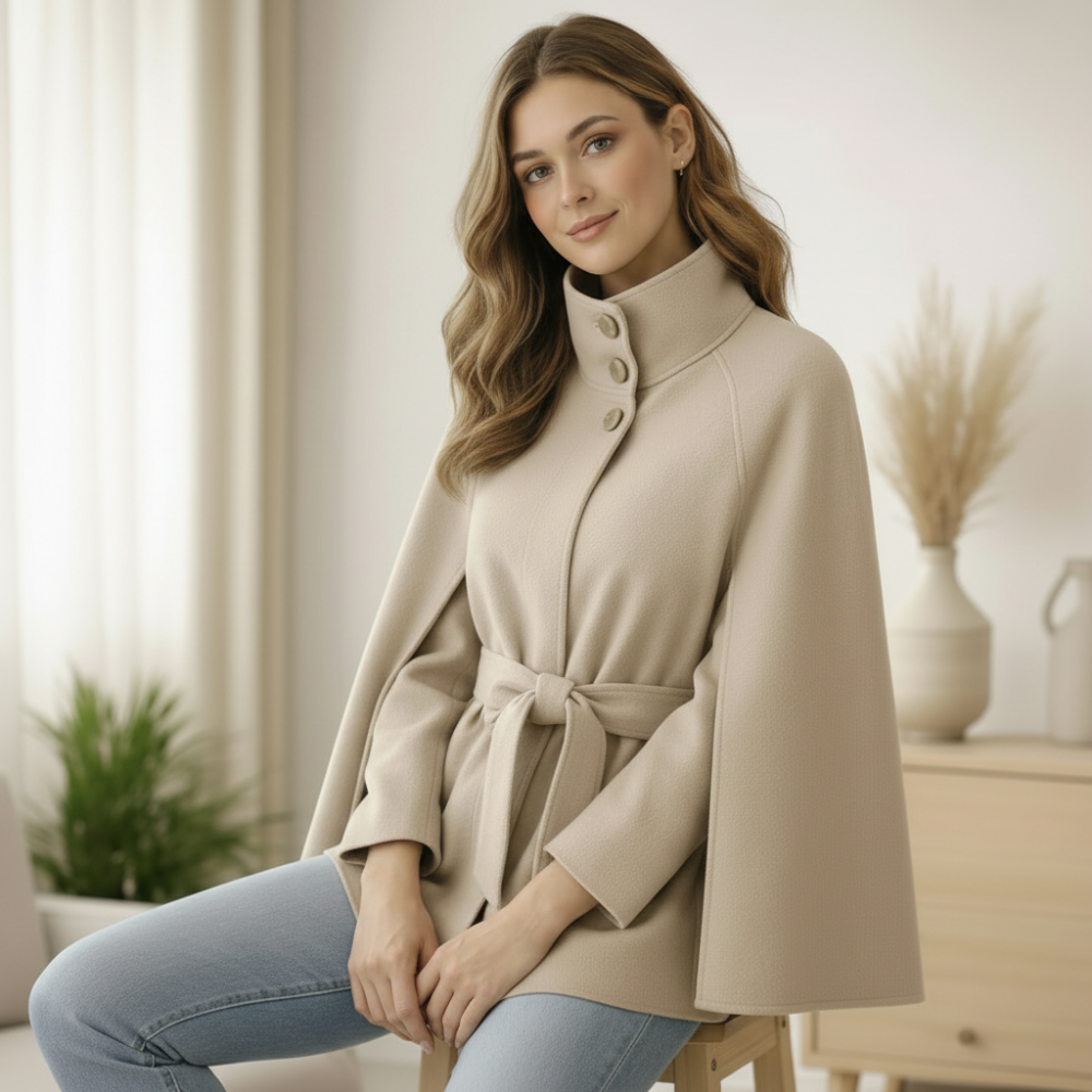 Beige Wool Blend Cape Jacket