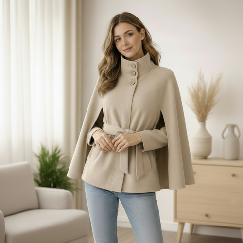 Beige Wool Blend Cape Jacket