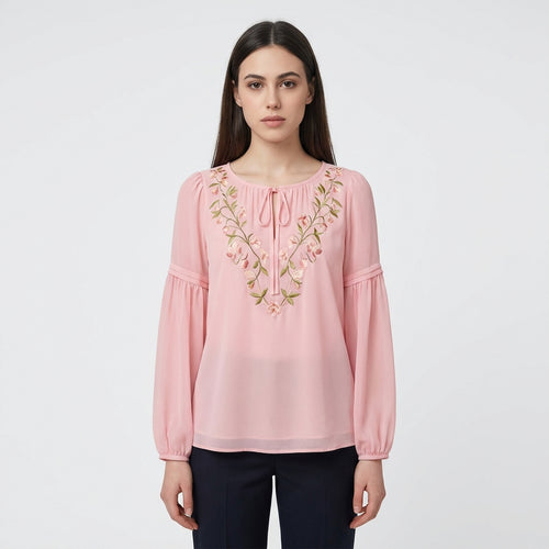 Rosa bestickte Chiffonbluse  – Damen