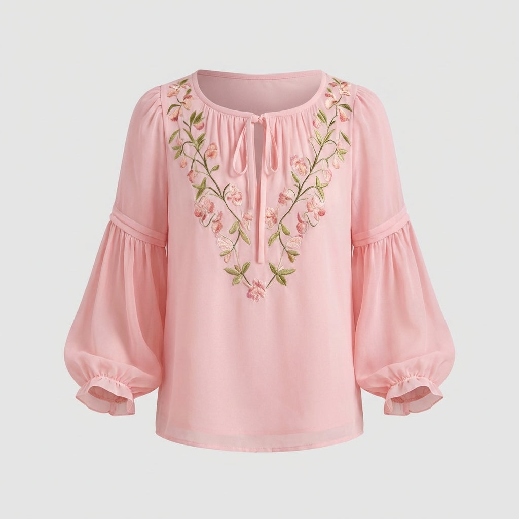 Rosa bestickte Chiffonbluse  – Damen