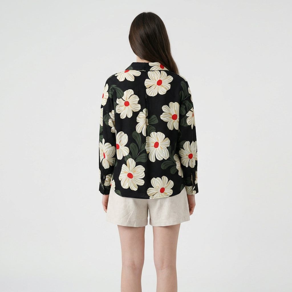 Schwarze Bluse mit floralen Print – Damen