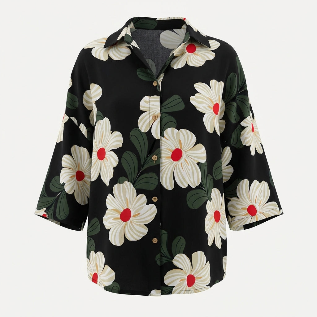 Schwarze Bluse mit floralen Print – Damen