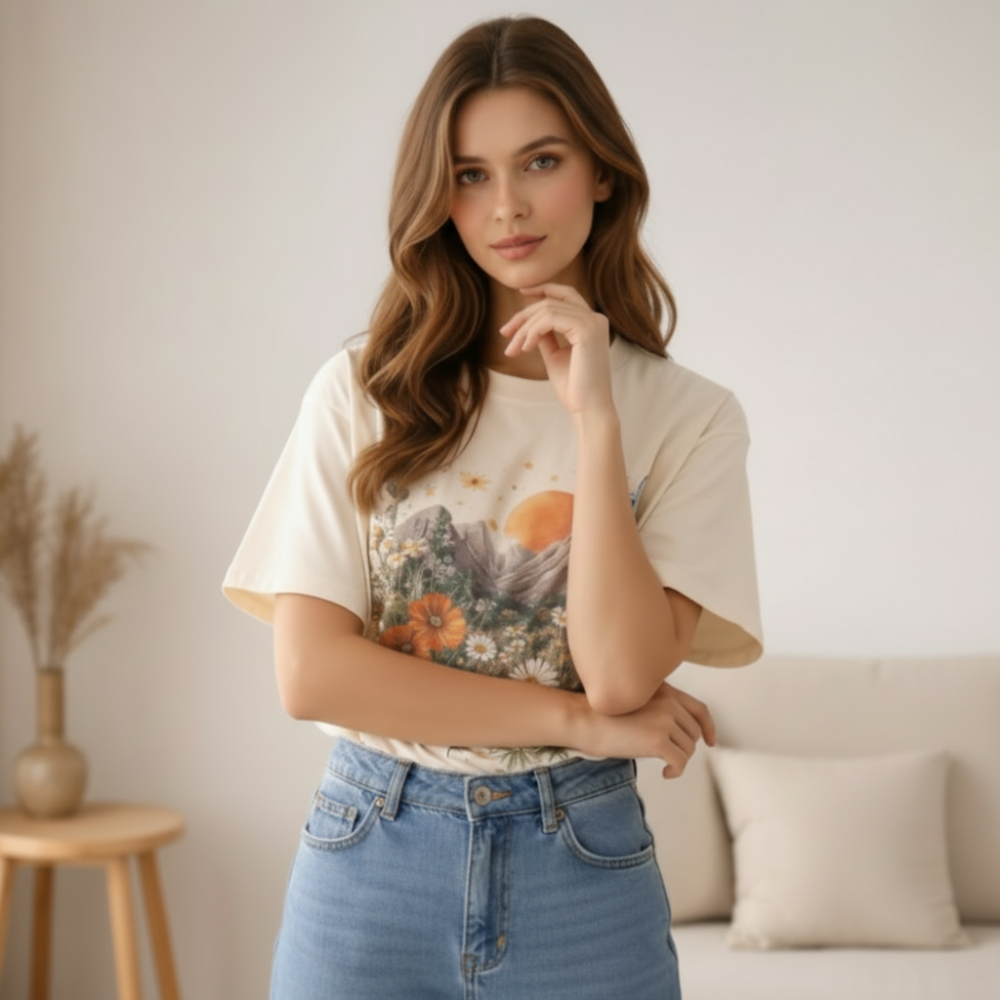 Beiges Baumwoll-T-Shirt