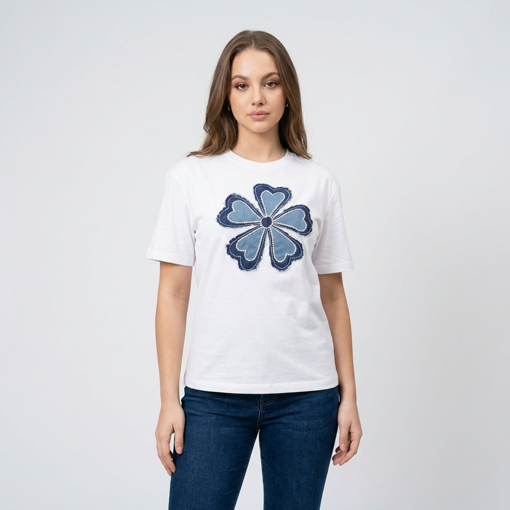 Weißes Baumwoll T-Shirt mit floralen Print – Damen