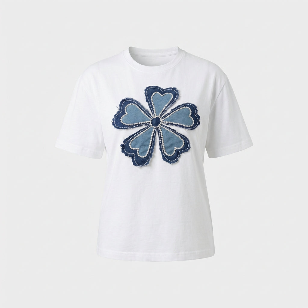 Weißes Baumwoll T-Shirt mit floralen Print – Damen